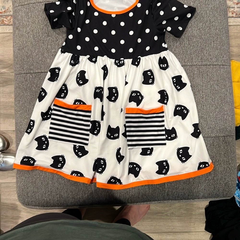 Millie Loves Lily girls size 5 Black and White Cat Print Dress with Orange Trim